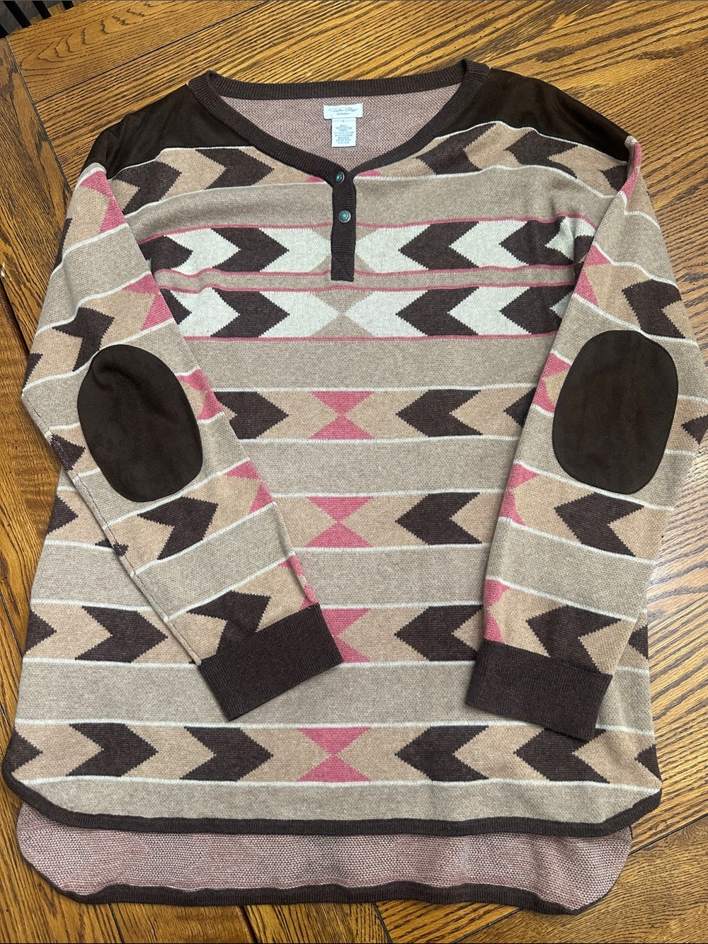 Tasha Polizzi Henley Knit Sweater in Beige and Brown with Pink Accents